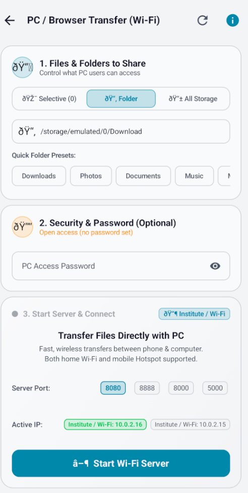 Offline Wi-Fi File Sharing setup with QR code and custom port
