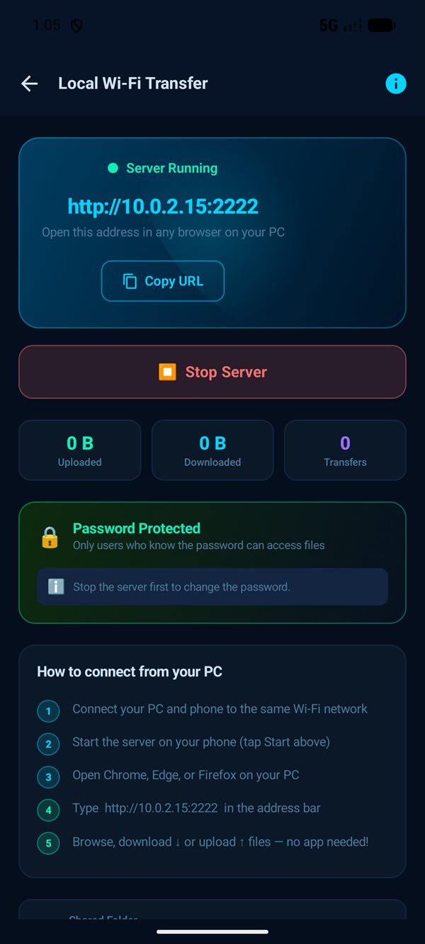 Active Wi-Fi file server status and network IP address