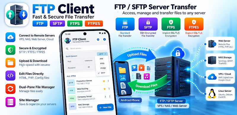 FTP Client Home Screen with Quick Connect and PC Transfer