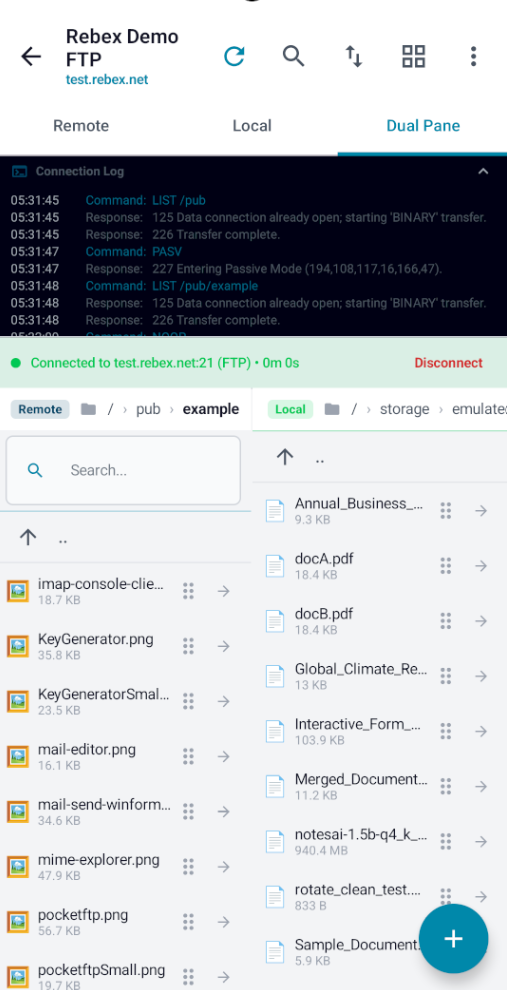 Server profile editor with FTP, FTPS, FTPES, and SFTP settings