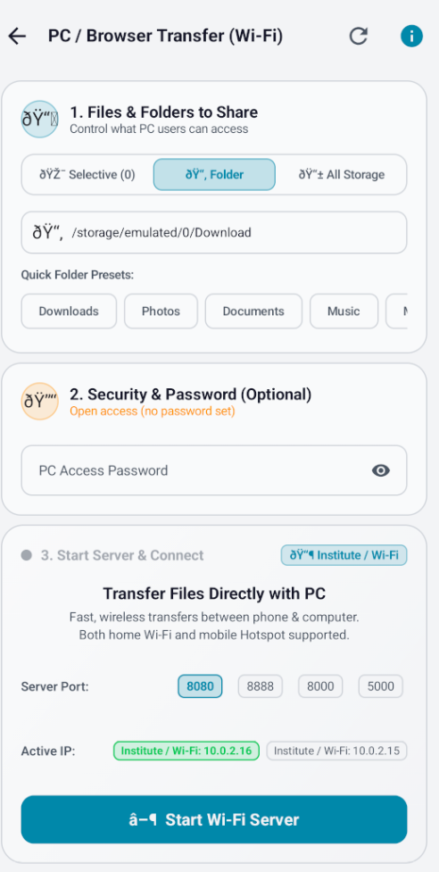 Wi-Fi sharing configuration and port settings