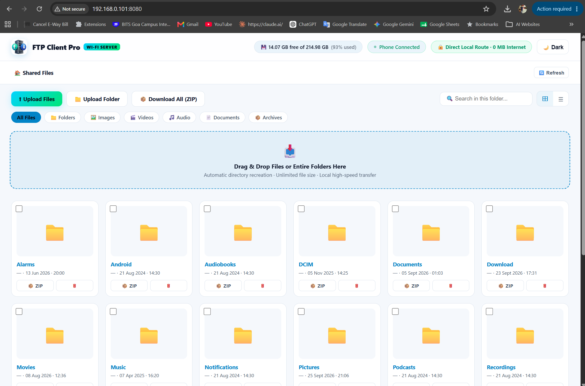 PC browser interface accessing phone files over local Wi-Fi