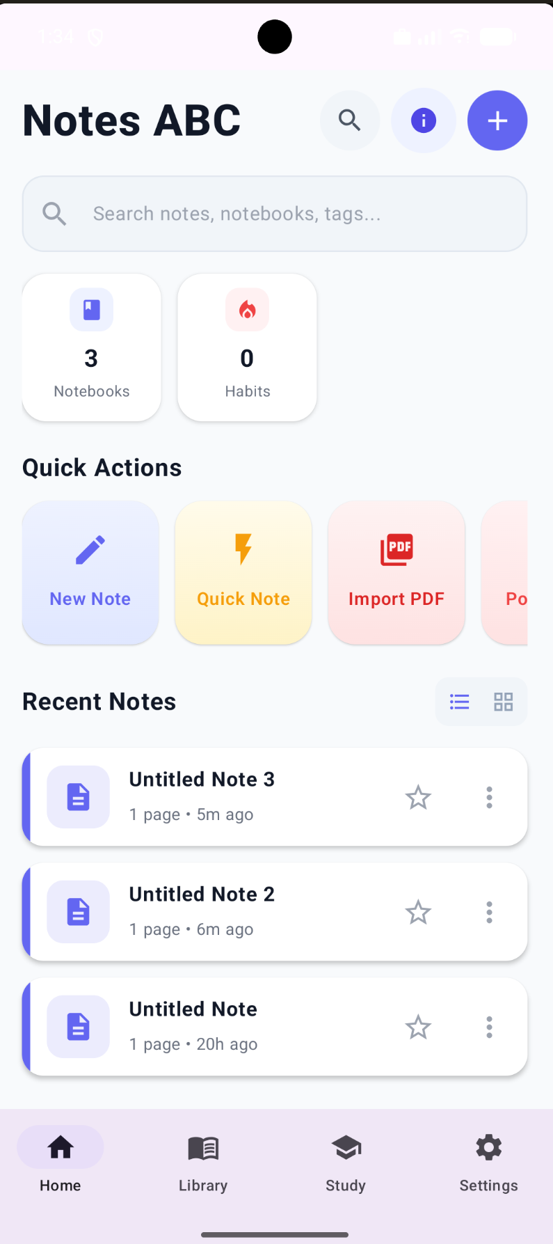 Clean Home Screen: Quick Actions, Recent Notes & Library