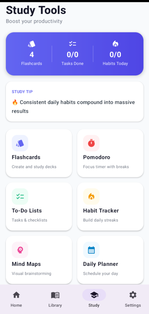 Study Tools Suite: Flashcards, Pomodoro, Habits & Mind Maps