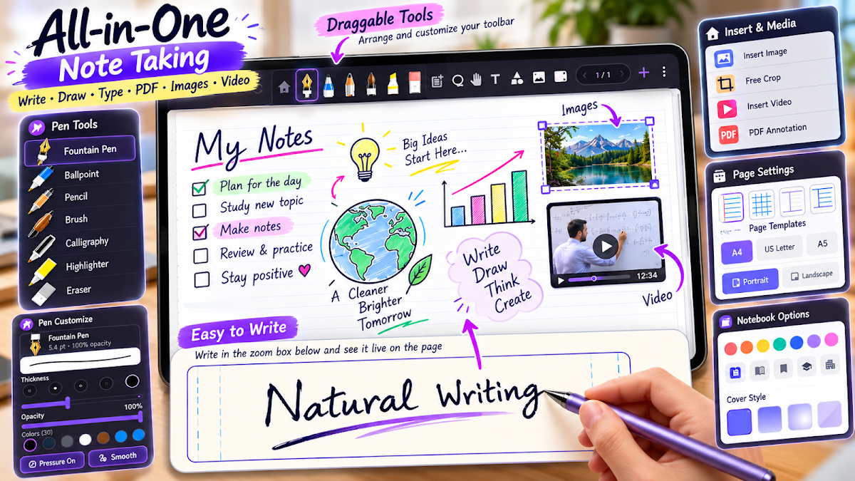 Landscape Tablet Studio: Draggable Tools, S-Pen & Page Settings